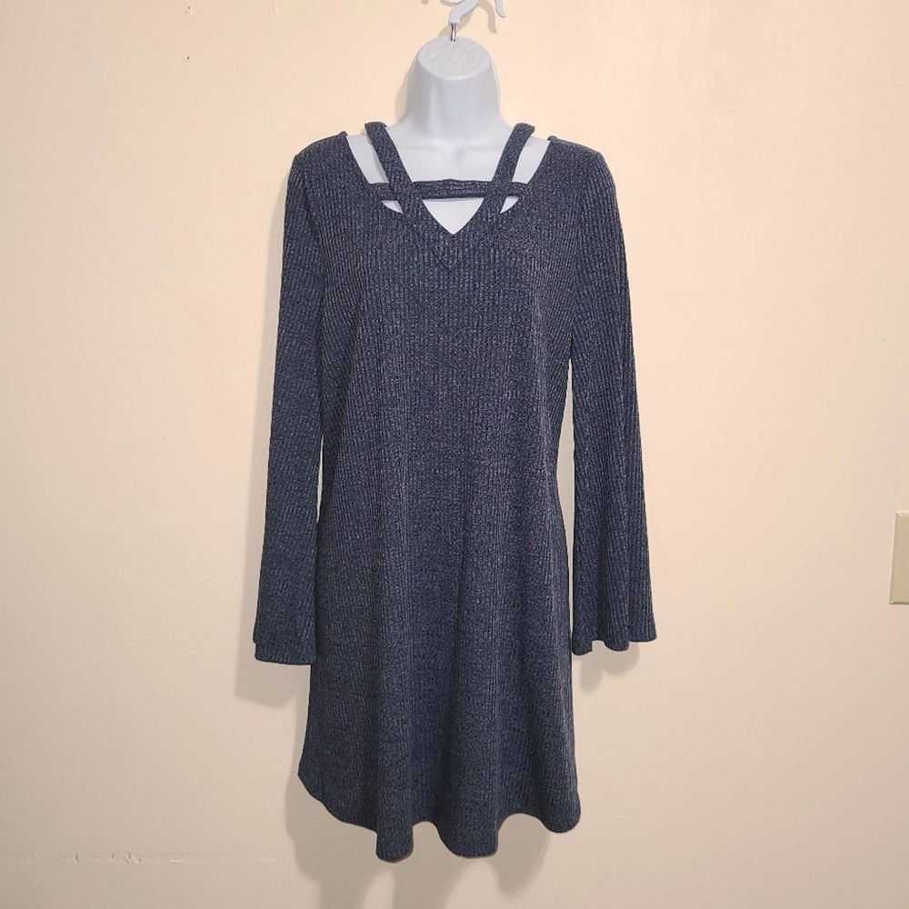 Molly Green Sweater Dress Navy Size Medium Bell Long Sleeves Navy Stretch